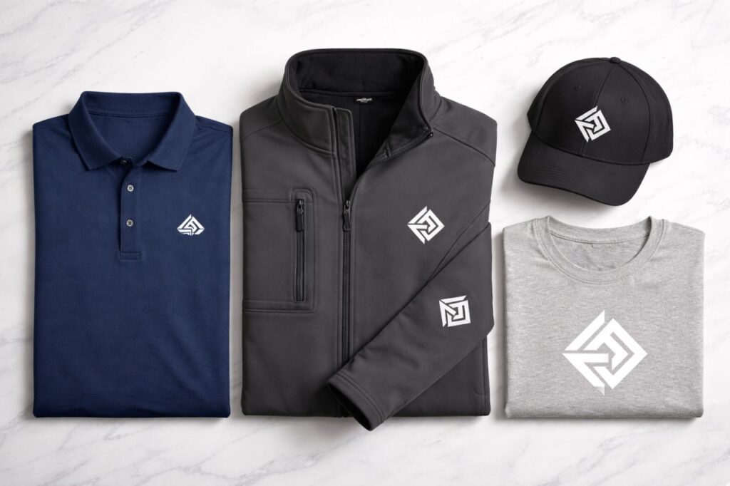 Branded company apparel collection flat lay showing an embroidered polo shirt, softshell jacket, baseball cap, and screen-printed t-shirt with matching company logos