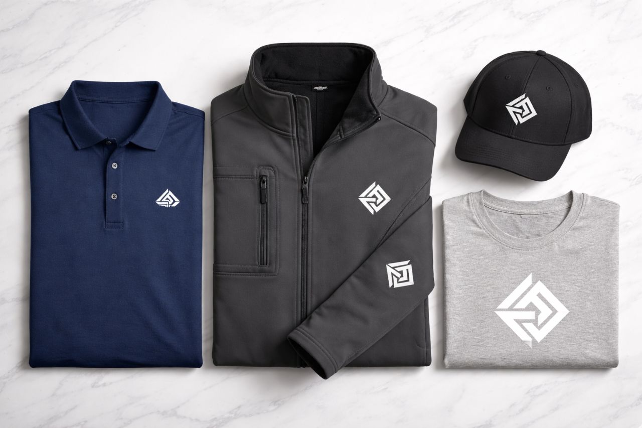 Branded company apparel collection flat lay showing an embroidered polo shirt, softshell jacket, baseball cap, and screen-printed t-shirt with matching company logos