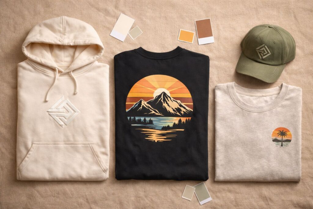 2026 custom apparel trends flat lay showing a cream hoodie with puff embroidery, a black tee with a bold back print, an olive embroidered hat, and an oatmeal crewneck with vintage screen printing alongside Pantone color swatches