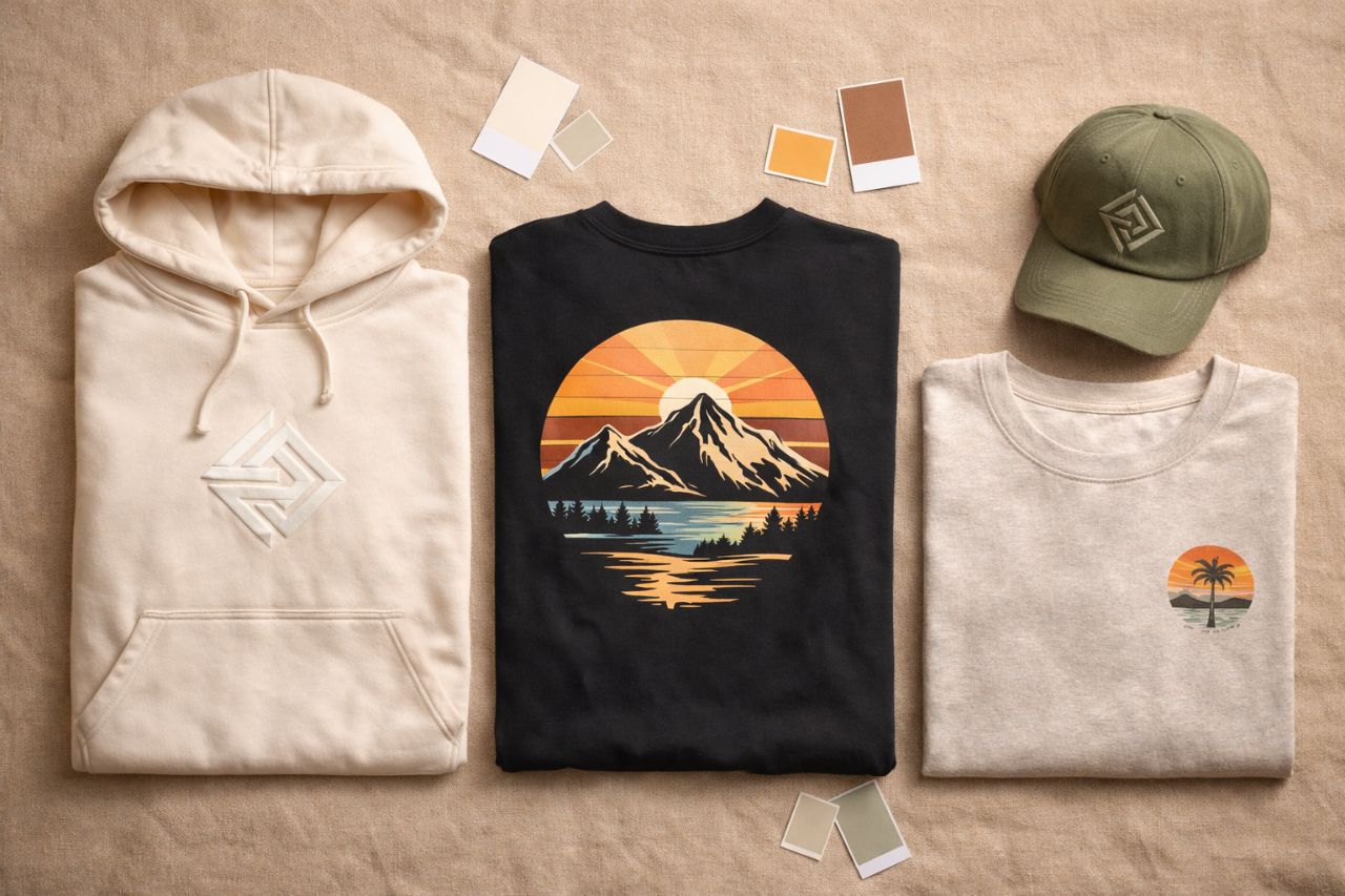 2026 custom apparel trends flat lay showing a cream hoodie with puff embroidery, a black tee with a bold back print, an olive embroidered hat, and an oatmeal crewneck with vintage screen printing alongside Pantone color swatches
