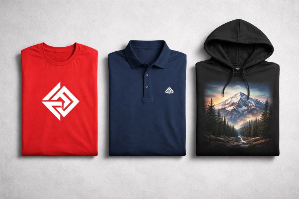 Three custom apparel decoration methods compared side by side — a red screen-printed t-shirt with a bold geometric logo, a navy embroidered polo with a small chest logo, and a black DTG-printed hoodie with a full-color mountain landscape design