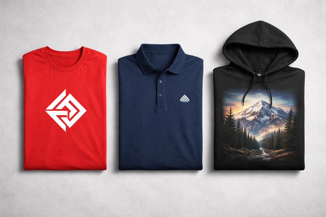 Three custom apparel decoration methods compared side by side — a red screen-printed t-shirt with a bold geometric logo, a navy embroidered polo with a small chest logo, and a black DTG-printed hoodie with a full-color mountain landscape design